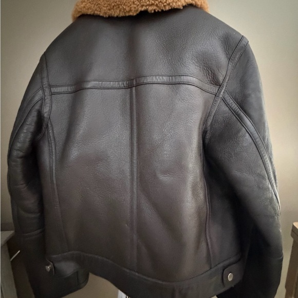 Women's Black Leather Jacket with Tan Shearling Collar - Picture 3 of 7